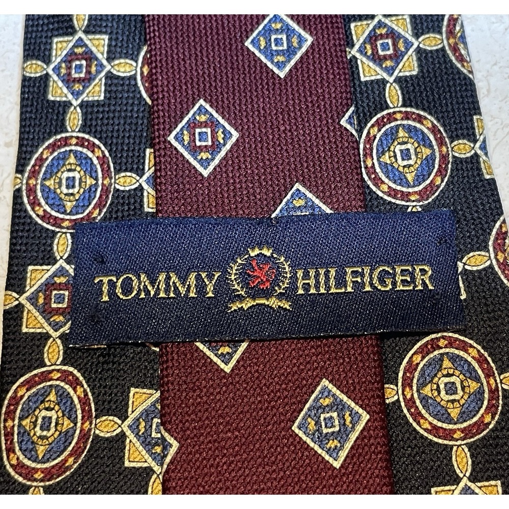 Tommy Hilfiger Vintage Silk Tie Burgundy Navy Blue Gold Geometric Crest Preppy